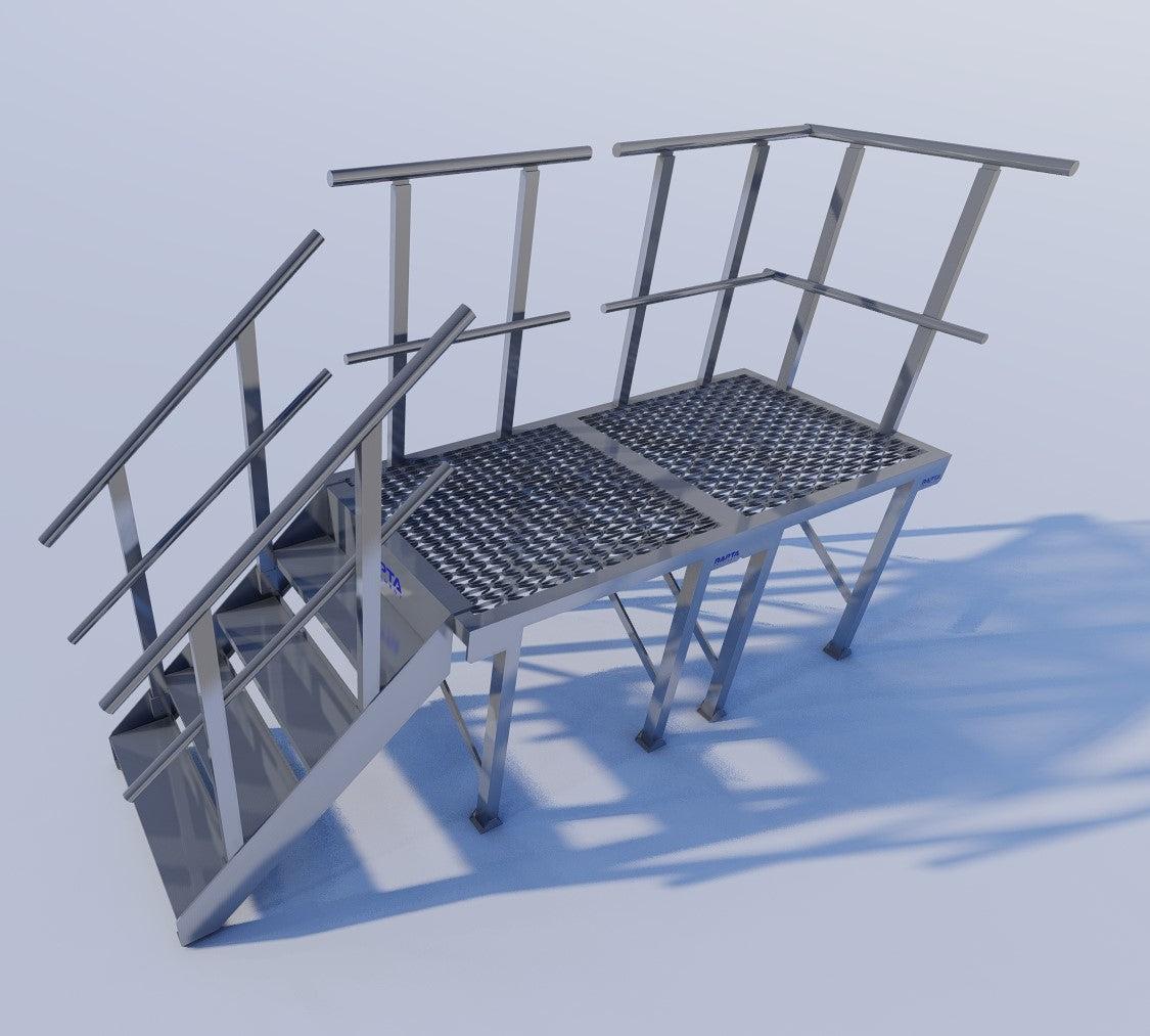 Render of Rapta Aluminium Access Stairs from an alternate angle showing the platform, handrails and adjustable legs