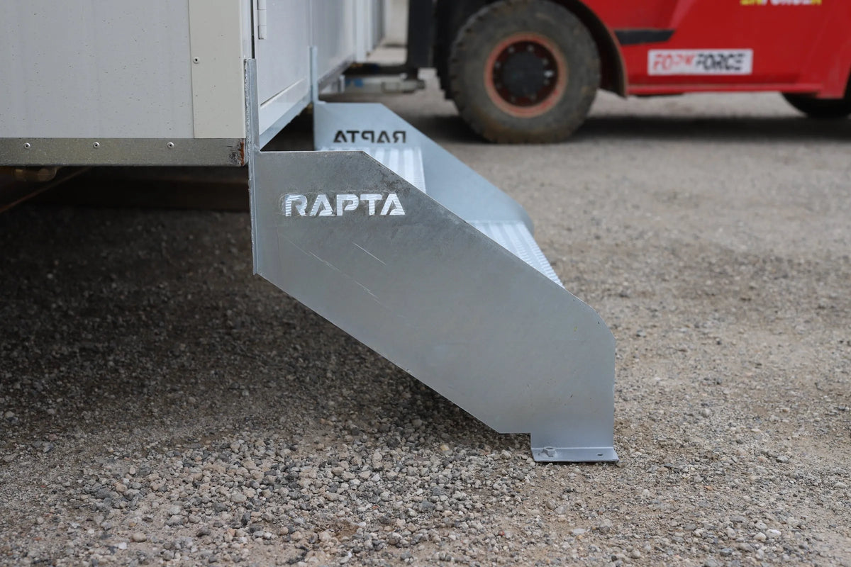 RAPTA Heavy Duty Steel Steps – Double Tread - side view - attached to modular building