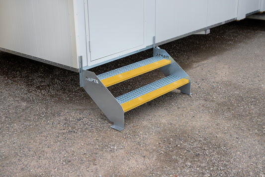 RAPTA Heavy Duty Steel Steps Double Tread yellow nosing attached to a modular unit