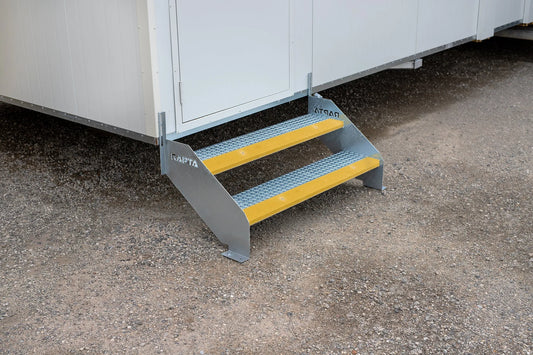 RAPTA Heavy Duty Steel Steps Double Tread yellow nosing attached to a modular unit
