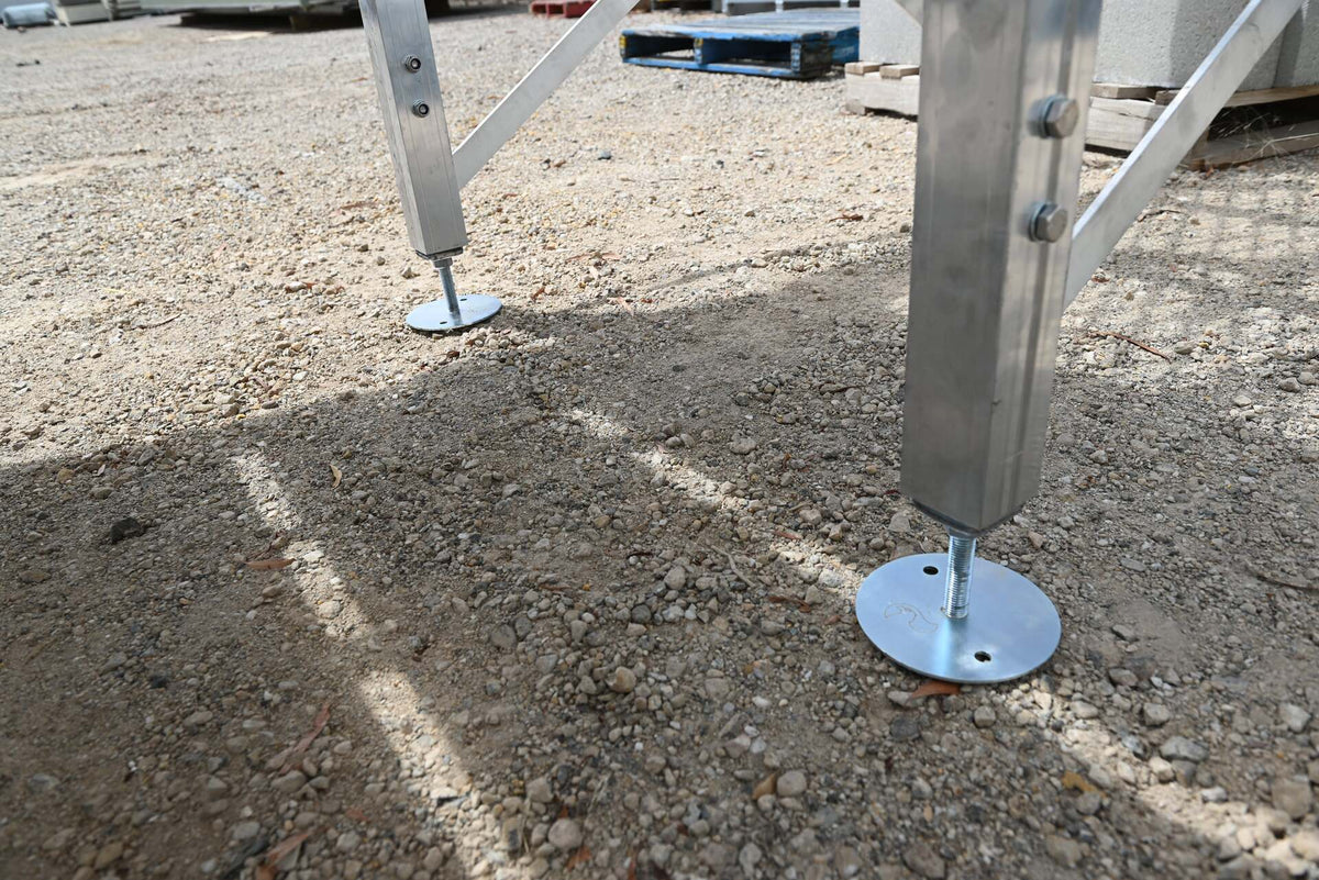Close-up of adjustable legs and Rapta brand mark on the Aluminium Access Stairs