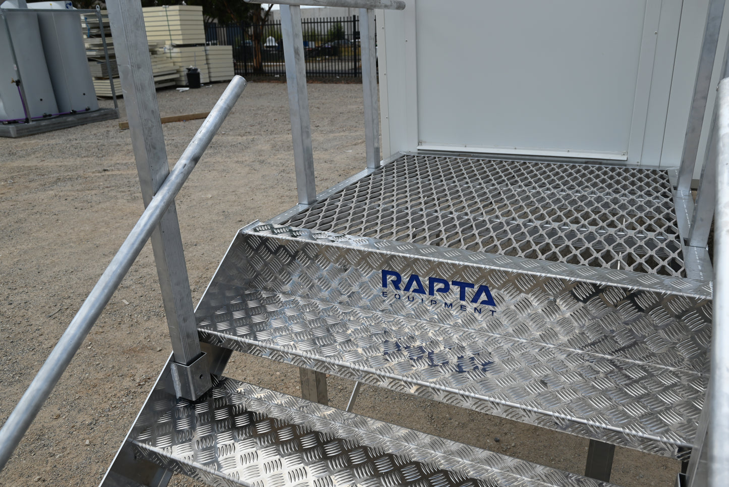 Close-up of lightweight Rapta Aluminium Access Stairs with platform, handrails and tread construction