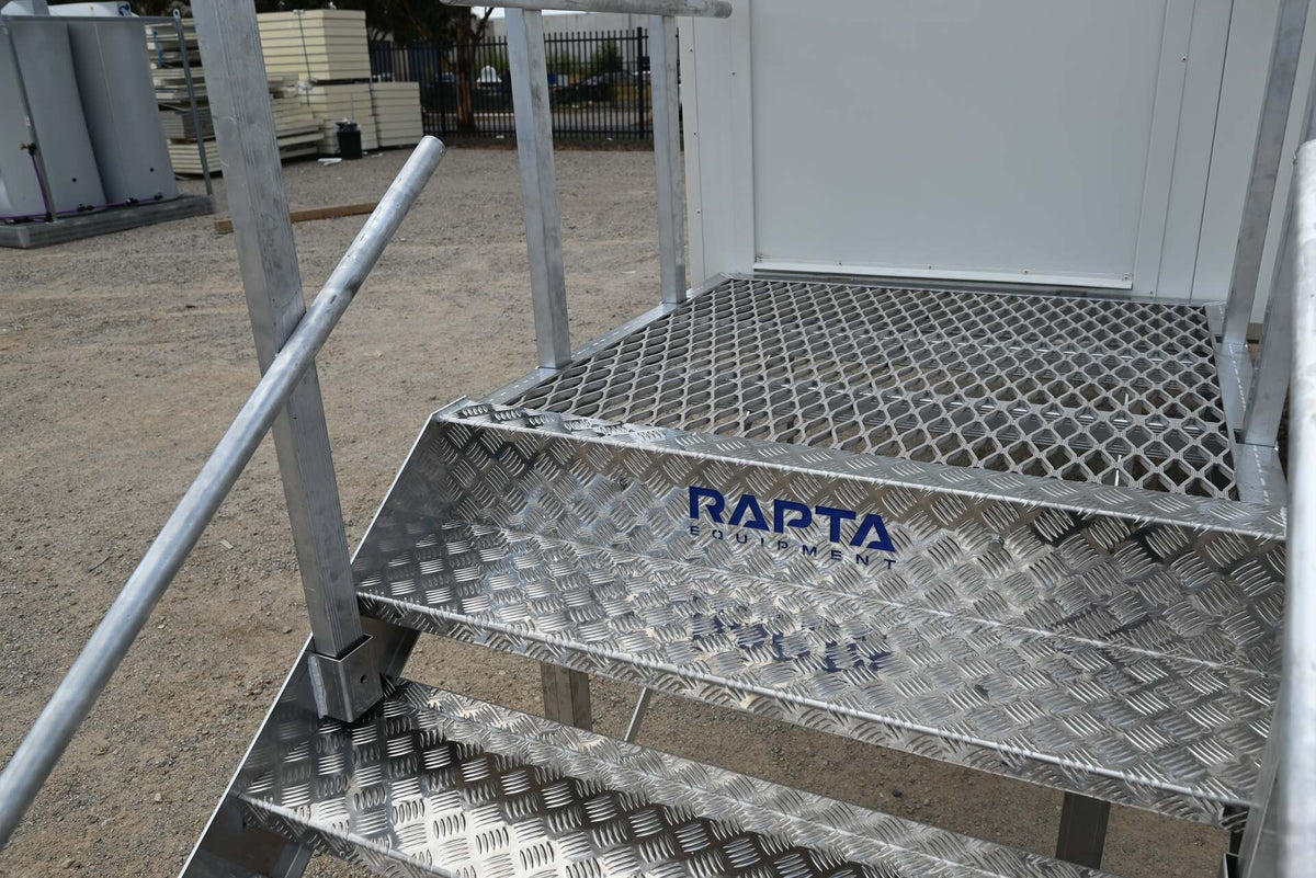 Close-up of lightweight Rapta Aluminium Access Stairs with platform, handrails and tread construction