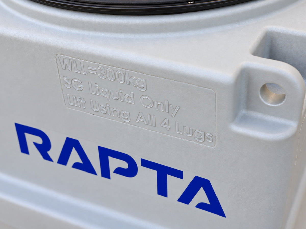 Close-up of the RAPTA MiniLift 300 showing the RAPTA logo, moulded lifting instructions and integrated lifting point.
