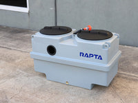 RAPTA MiniLift 300 overview showing twin access lids, inlet opening, power connection and RAPTA branding.