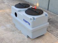 Three-quarter view of the RAPTA MiniLift 300 showing twin access lids, lifting points, inlet opening and RAPTA branding.