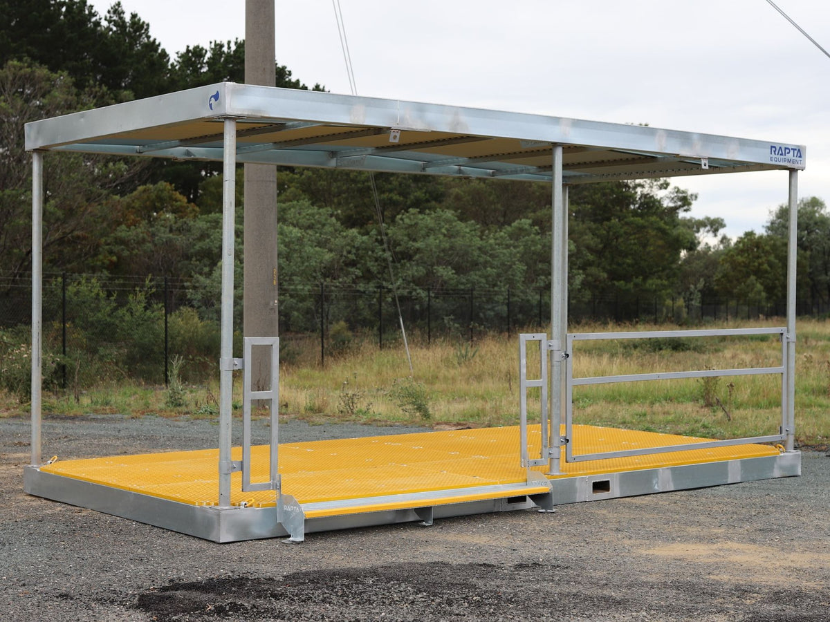 RaptaCover™ 6m x 3m modular covered walkway full system with yellow walkway and balustrade