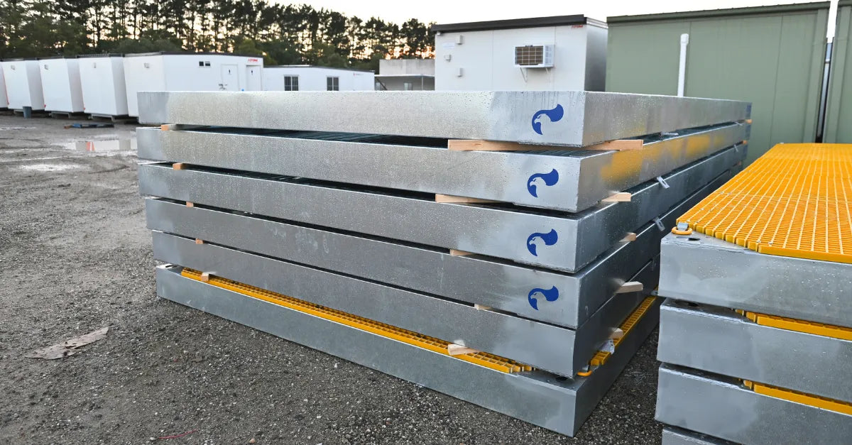 Stacked RaptaCover™ modular walkway sections ready for transport or site deployment