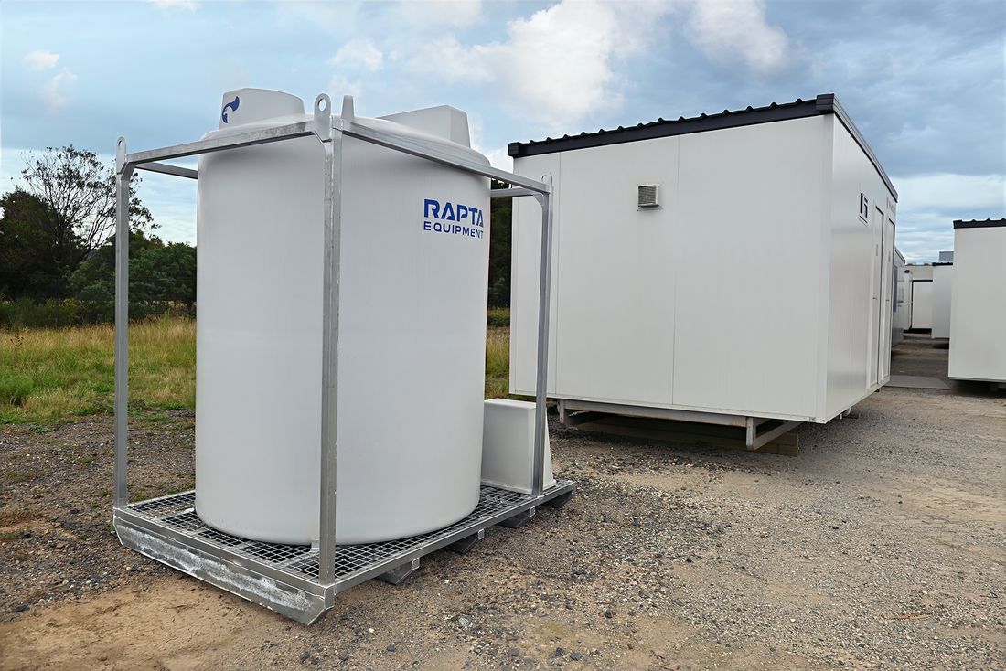 RAPTA 5,000L Water Supply Skid installed beside a modular ablution unit