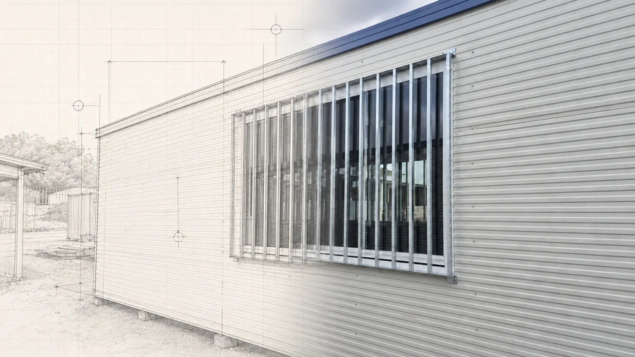 RAPTA window security grill transitioning from technical design sketch to installed product on a modular building
